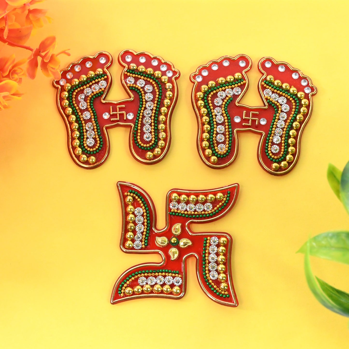 Decorative Laxmi Charan (Pagla) Swastik Combo Set (3pc Set)