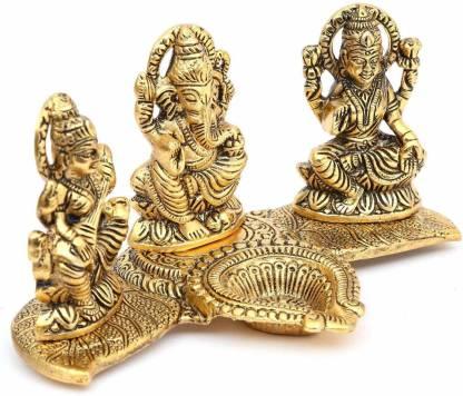 Gold-Plated Lakshmi Ganesh Saraswati Idol with Deepak Showpiece