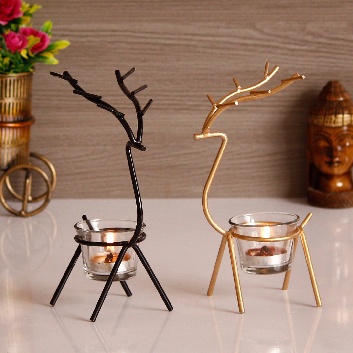 eCraftIndia Set of 2 Deer Shape Decorative Metal Tea Light Holders
