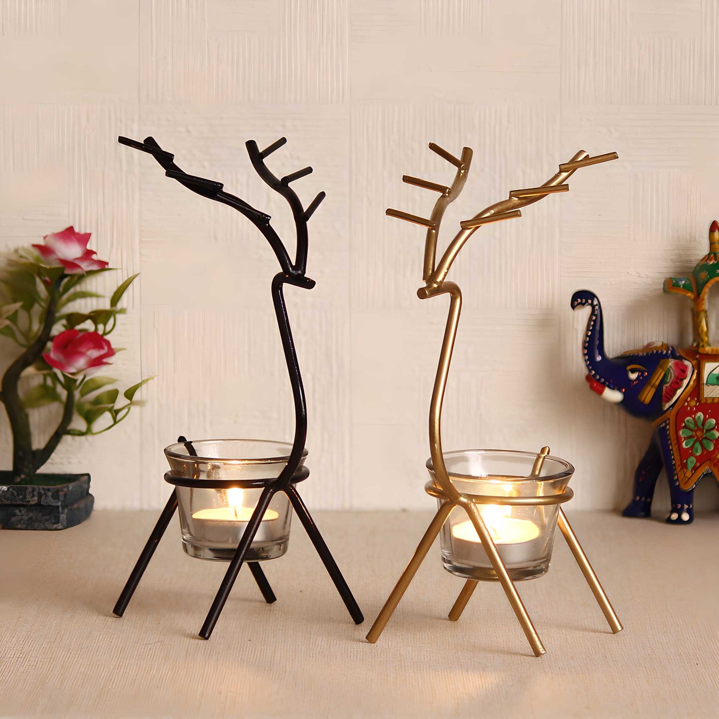 eCraftIndia Set of 2 Deer Shape Decorative Metal Tea Light Holders