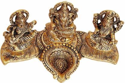 Gold-Plated Lakshmi Ganesh Saraswati Idol with Deepak Showpiece