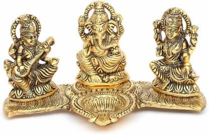 Gold-Plated Lakshmi Ganesh Saraswati Idol with Deepak Showpiece