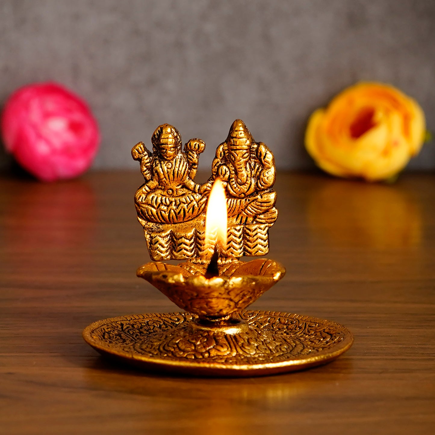 eCraftIndia Golden Diya with Goddess Laxmi & Lord Ganesha Idol