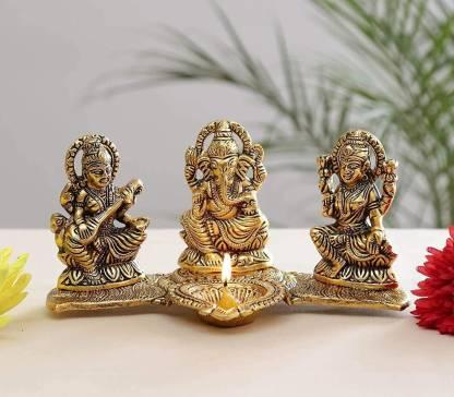 Gold-Plated Lakshmi Ganesh Saraswati Idol with Deepak Showpiece